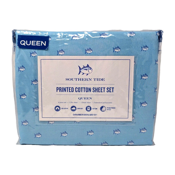 Southern Tide Skip Jack QUEEN SIZE Sheet Set Blue Topaz Cotton Percale NEW NWT - Picture 1 of 6